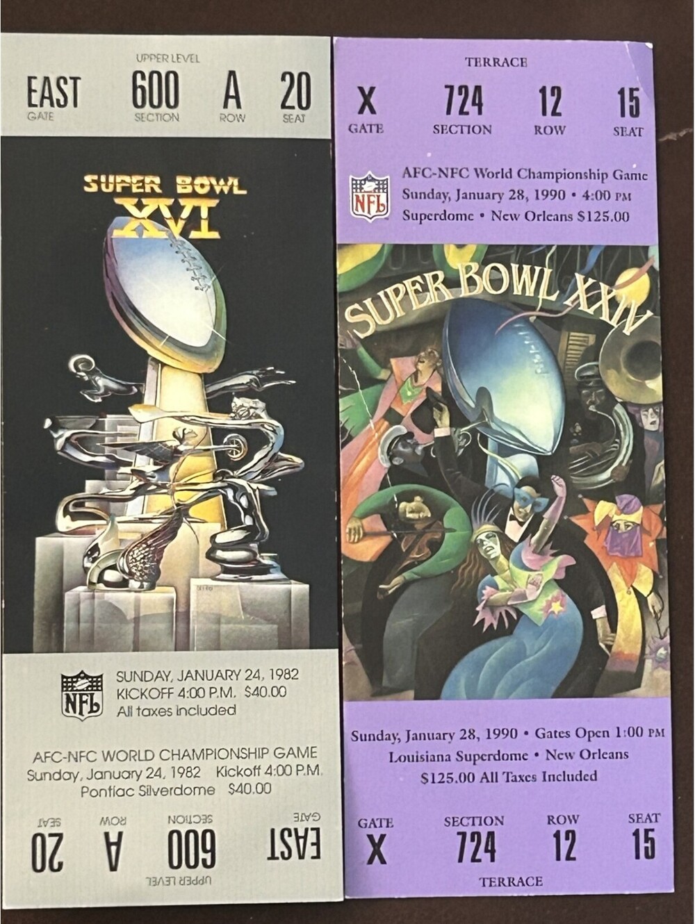 SUPER BOWL XVI 49ERS VS BENGALS & XXIV NINERS VS BRONCOS REPLICA 2 TICKET LOT NM